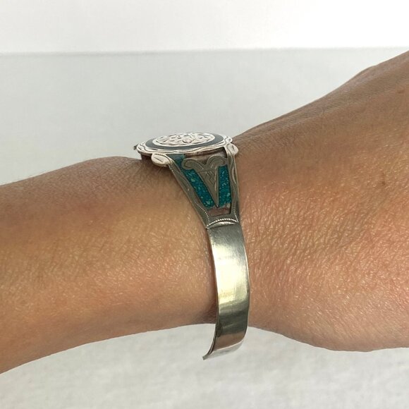 VTG Sterling Silver 925 Mexico Crushed Stone Aztec Cuff Bracelet FLAW Sz 6.25 - Picture 6 of 16